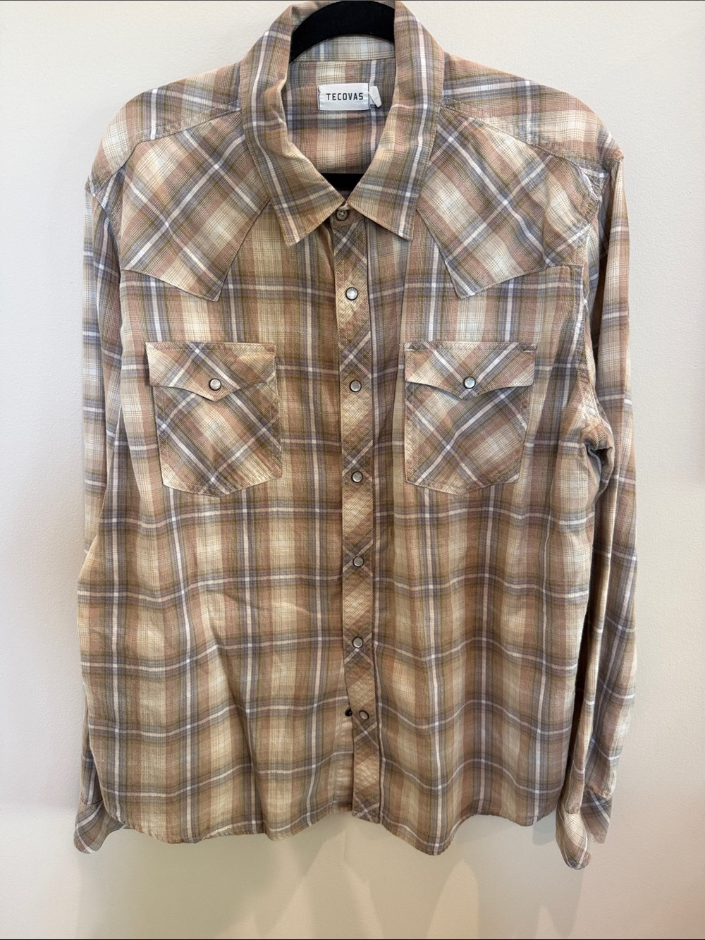 Tecovas Men's Tan and Cream Plaid Western Button-Down Shirt